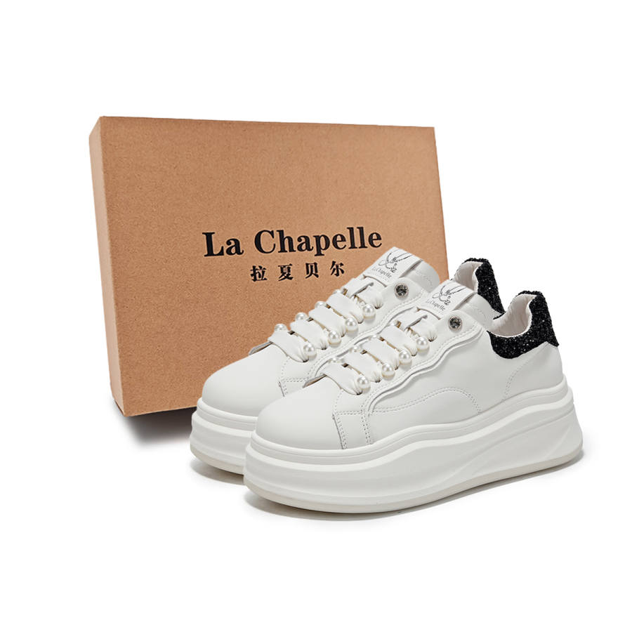 La Chapelle Fashion Trend Synthetic Leather Abrasion Resistant Height Increasing Low top Skateboard Shoes Women's White