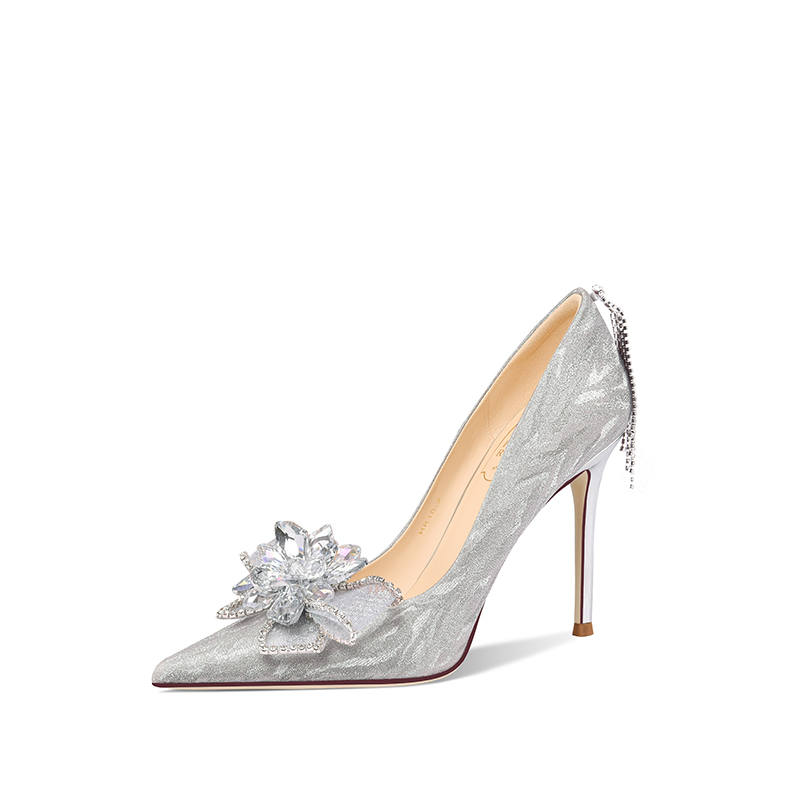 LOLY Fairy Style Bowknot Crystal Wedding Shoes Limited Slim Heel High Heels Women's Silver