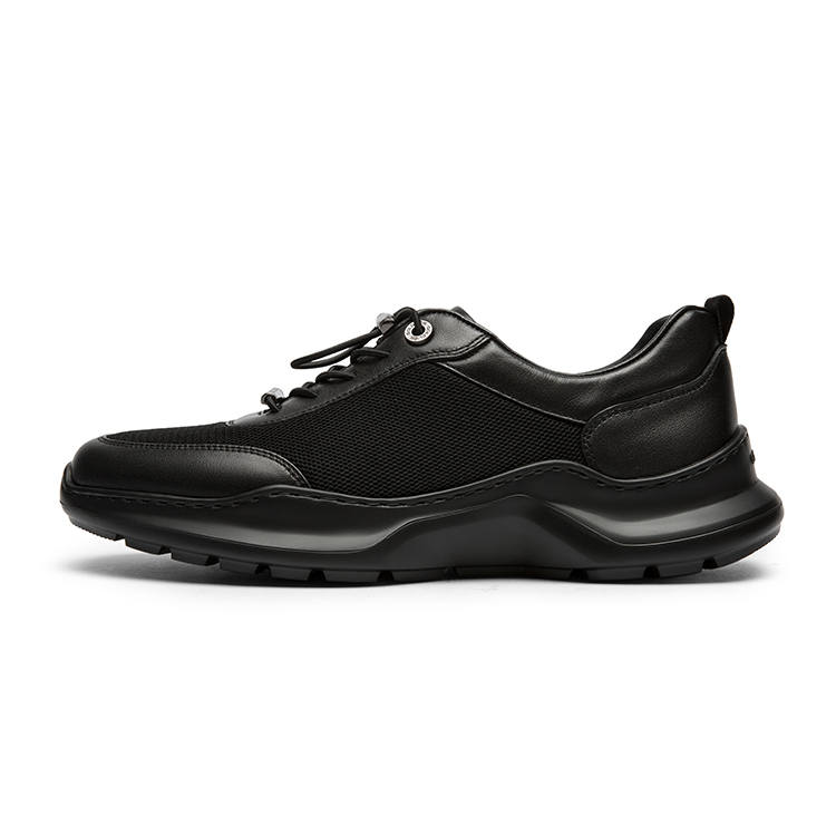 GOLDLION Textile, Top Grain Cow Leather Cushioning Low top Casual Shoes Men's Black