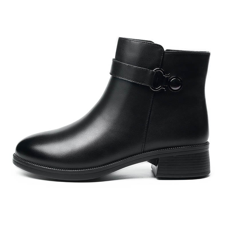 AOKANG Cow Leather Fleece Lined Thermal Casual Ankle Boots 4cm Chunky Heel Women's Black