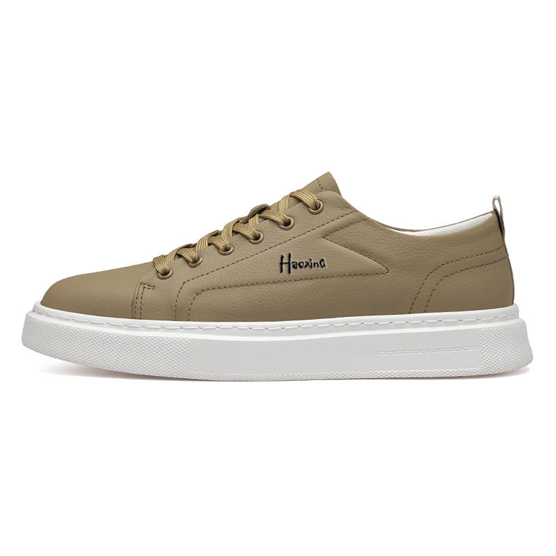 HAOXING Top Grain Cow Leather Low top Skateboard Shoes Men's Khaki