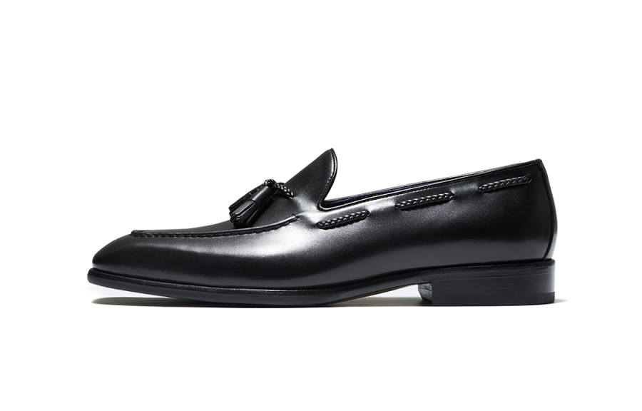 TRUFFAUT Fringe Square Toe Genuine Leather Calfskin Loafers Men's Black