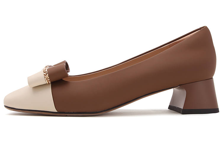 Satchi Cow Leather Sheepskin Block Heel High Heels 4cm Women's Brown