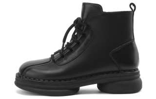 OCCAMAN Cow Leather Short Mid Calf Combat Boots 3.8cm Women's Black