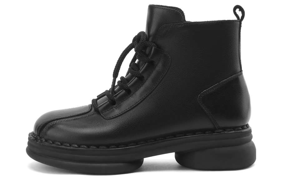OCCAMAN Cow Leather Short Mid Calf Combat Boots 3.8cm Women's Black