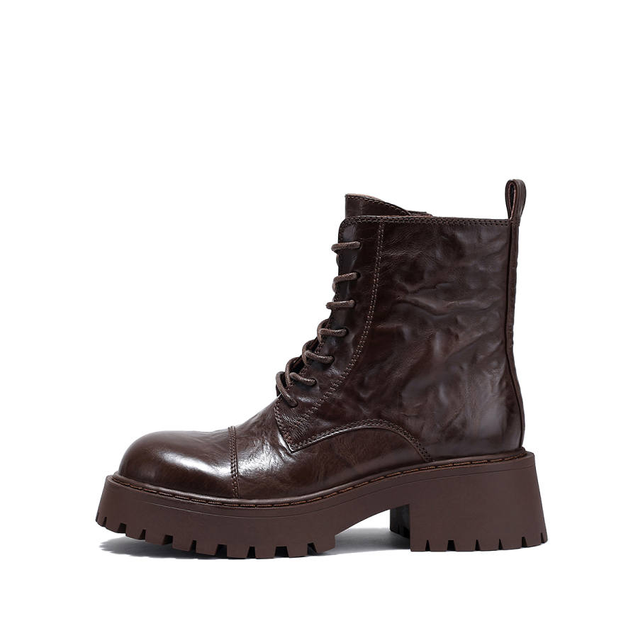 BELLALILY Top Grain Cow Leather Crew Combat Boots Women's