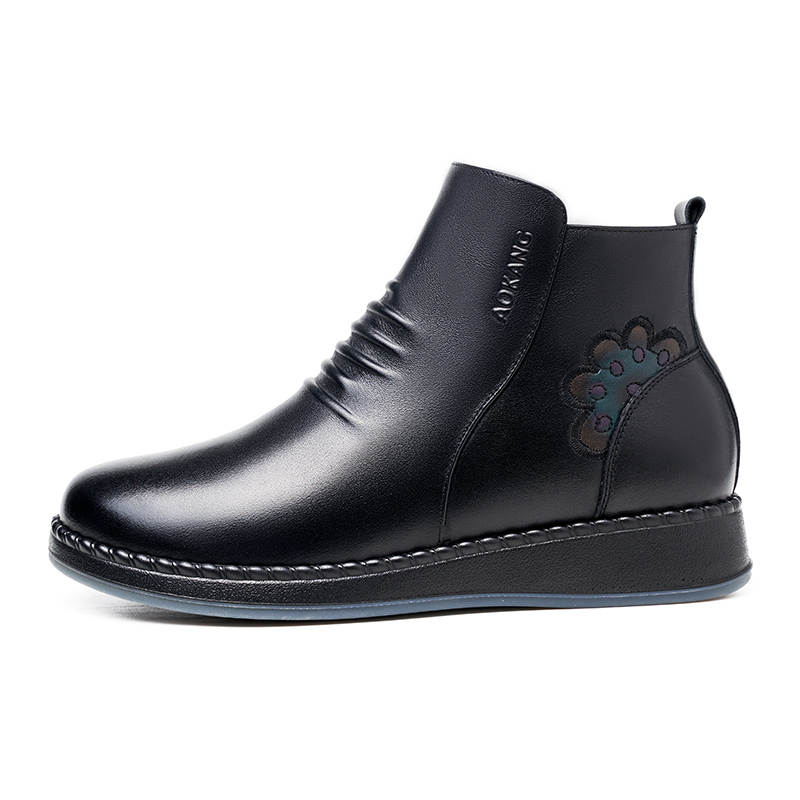 AOKANG Cow Leather Commute Versatile, Fleece Lined Thermal Comfortable Casual, Platform Ankle Boots Women's Black