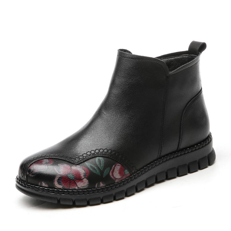 XINNUO Top Grain Cow Leather Fleece Lined Thermal, Vintage Print, Comfortable And Versatile Ankle Boots 3.5cm Women's