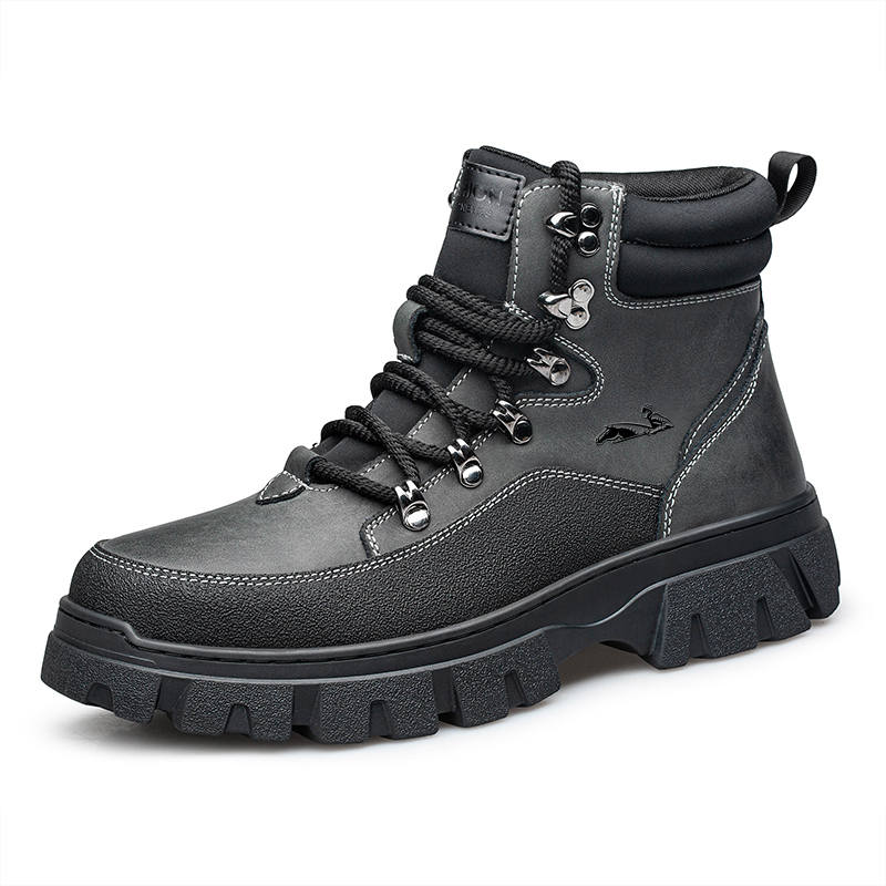 YINGLUNQISHI Top Grain Cow Leather Short Combat Boots Men's Black Gray