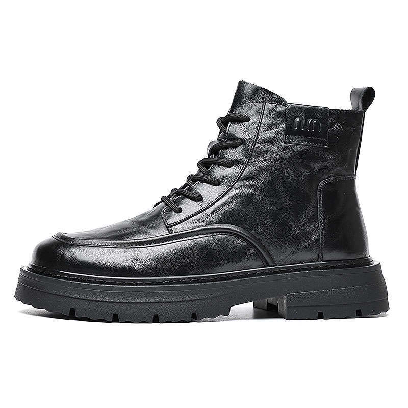 KAQIAODI Cow Split Leather Short Combat Boots Men's Black