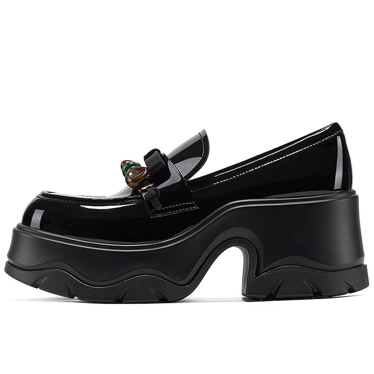 GG-CC GG CC Platform Beads Small Leather Shoes Height Increasing Loafers 7.5cm Women's Black