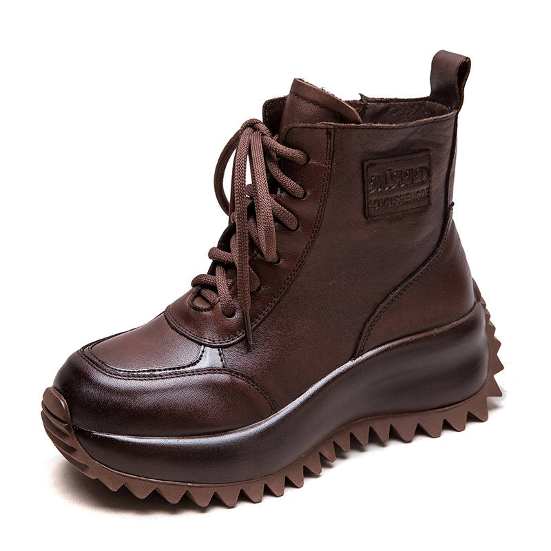 YAOQIA Top Grain Cow Leather Vintage Casual Fleece Lined Ankle Boots 5CM Women's