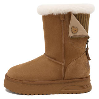 HERLOOK Cow Suede Thickened And Fleece Lined, Genuine Leather Thermal Multi Button Bear Snow Boots Women's