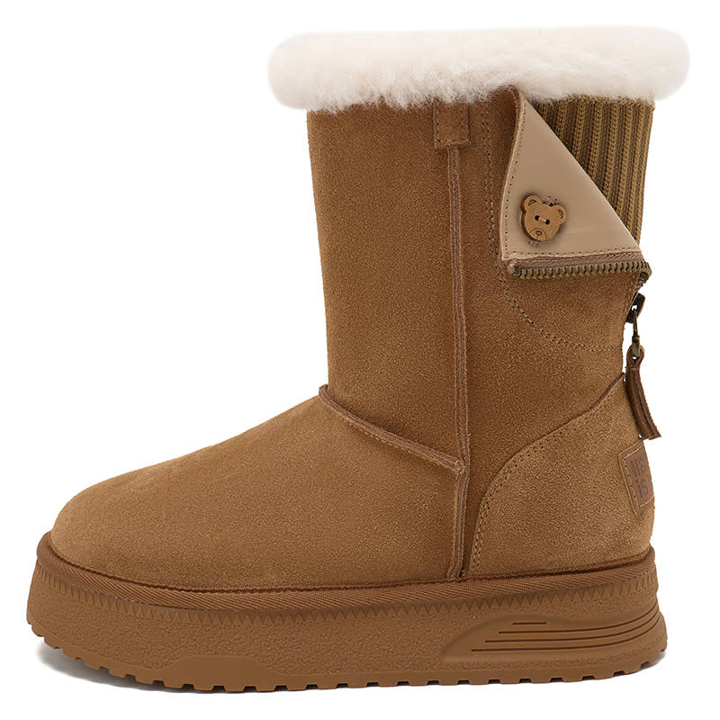 HERLOOK Cow Suede Thickened And Fleece Lined, Genuine Leather Thermal Multi Button Bear Snow Boots Women's