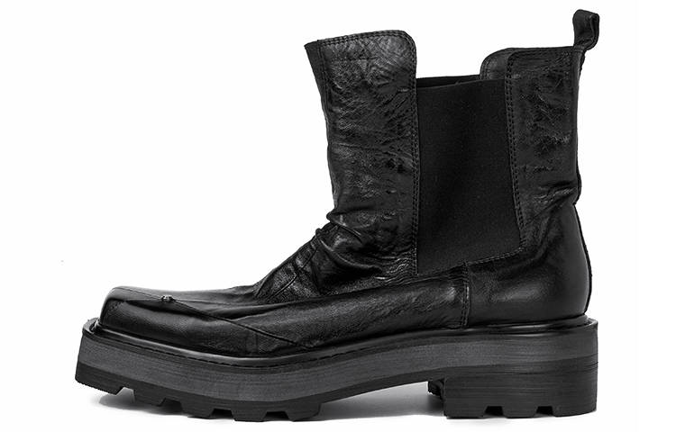 HUANXIANGZHE Top Grain Cow Leather Short Chelsea Boots Unisex Black