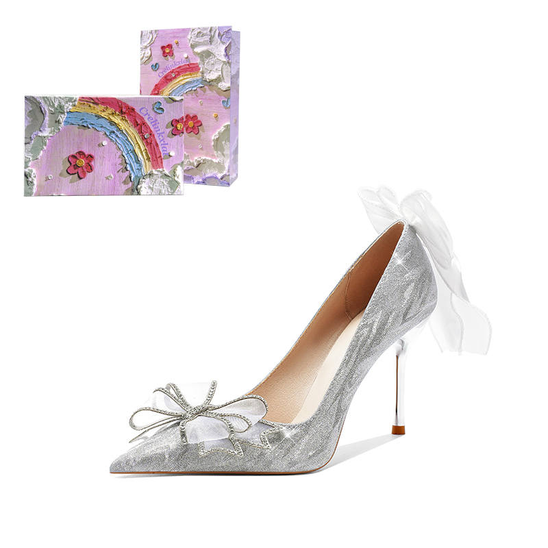 Crelinkxlat Lover Rose Box, French Fairy Princess Evening Breeze Slim Heel High Heels Women's Silver