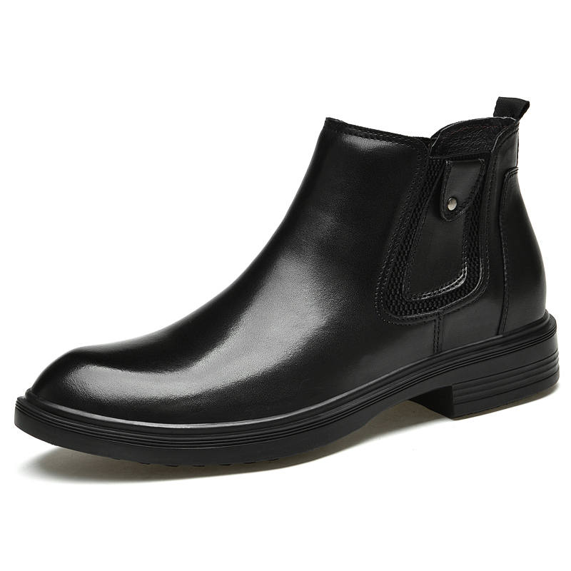 GONGNIULEITING Top Grain Cow Leather Fleece Lined Business Fashion Short Chelsea Boots Unisex Black