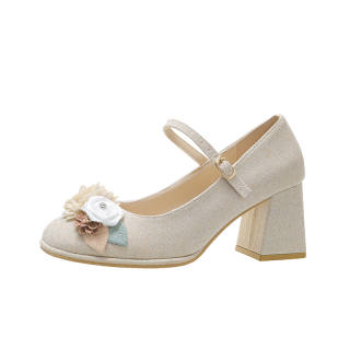 Crelinkxlat French Comfortable Round Toe Pu Block Heel Mary Jane High Heels Women's