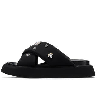 GG-CC GG CC Rhinestone Platform Slide Slippers Women's Black