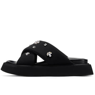 GG-CC GG CC Rhinestone Platform Slide Slippers Women's Black