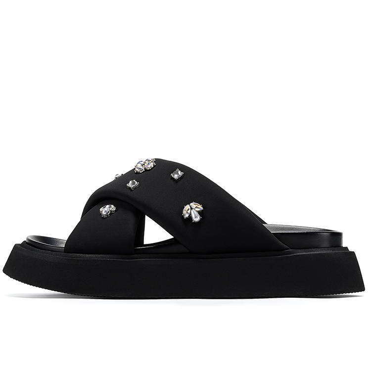 GG-CC GG CC Rhinestone Platform Slide Slippers Women's Black