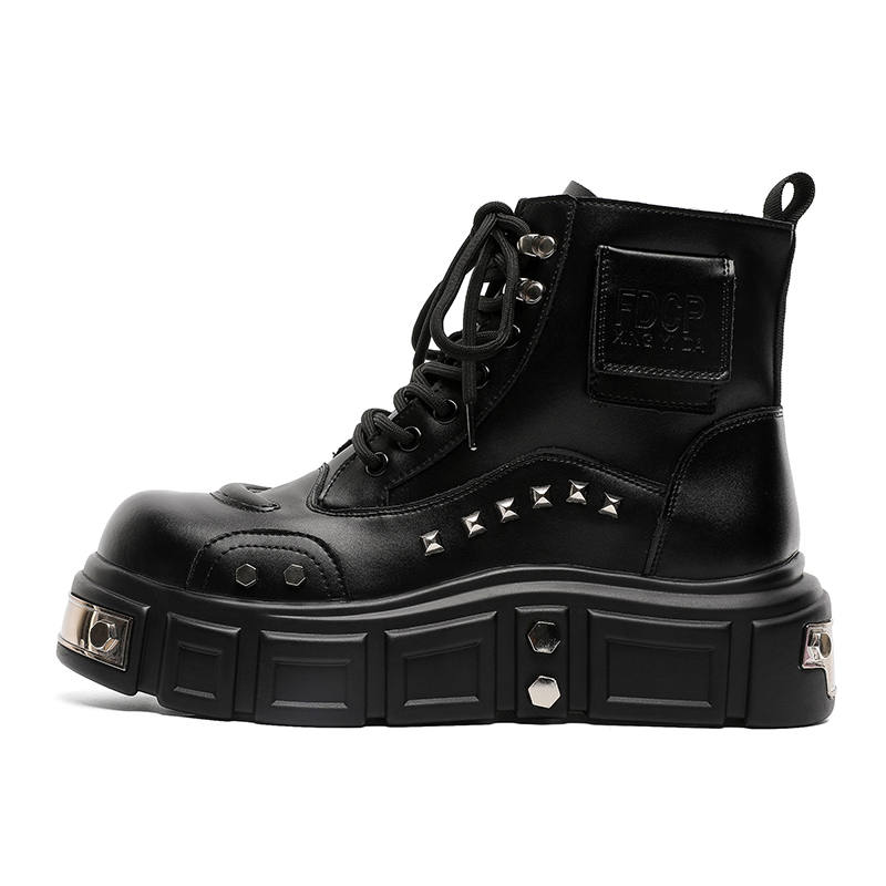 CHILANG CHILANG Artificial Leather Crew Combat Boots Men's Black