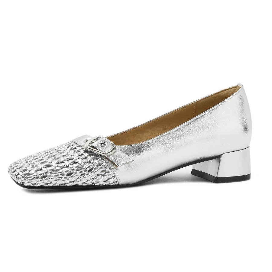 CAMEIDO Cow Split Leather Chunky Heel High Heels 3.5cm Women's Silver