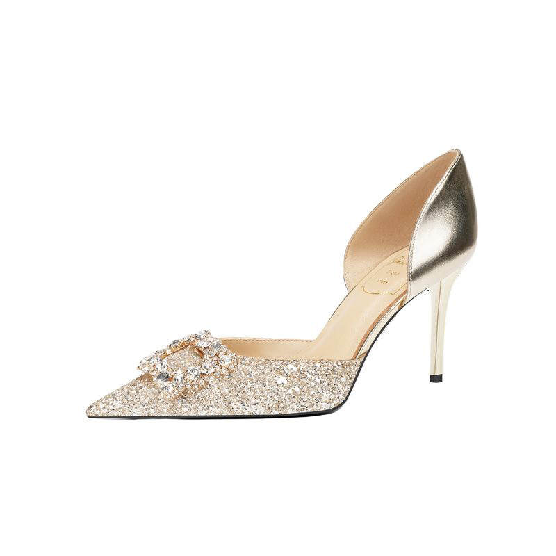 Zubumei Leather Slim Heel High Heels 8cm Women's Light Gold