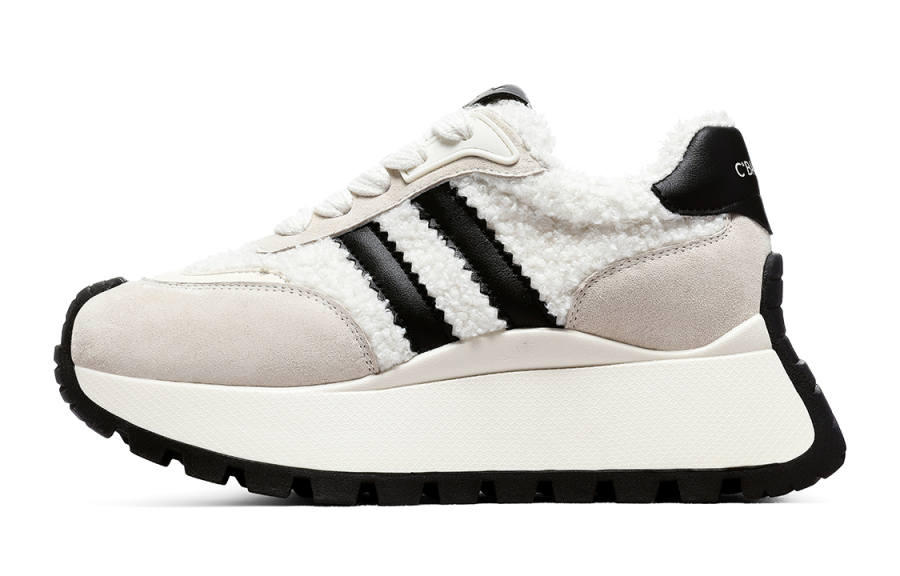 C°BANNER Textile, Leather Patchwork Outdoor Fleece Lined Height Increasing Thermal Low top Casual Shoes Women's White