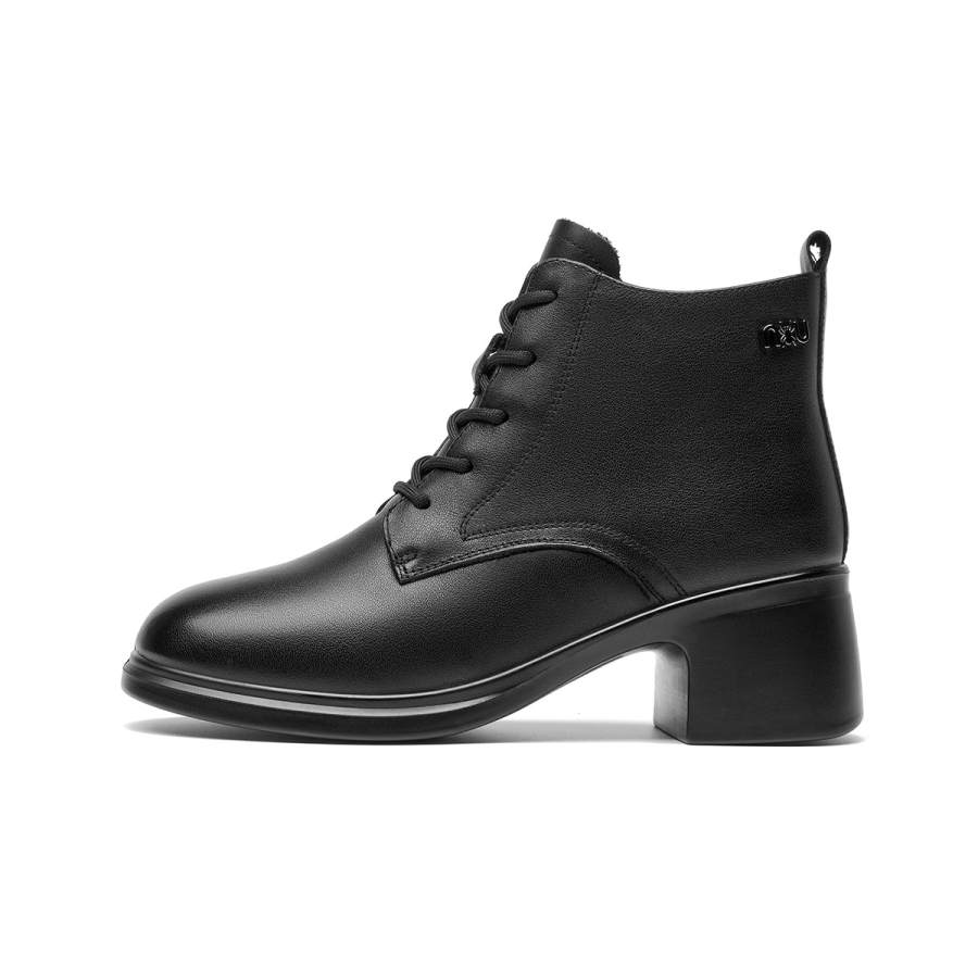 Spider King Cow Leather Fleece Lined Comfortable Chunky Heel Ankle Boots Women's Black