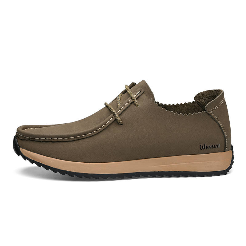 WENNAI Top Grain Cow Leather Casual Shoes Men's Khaki