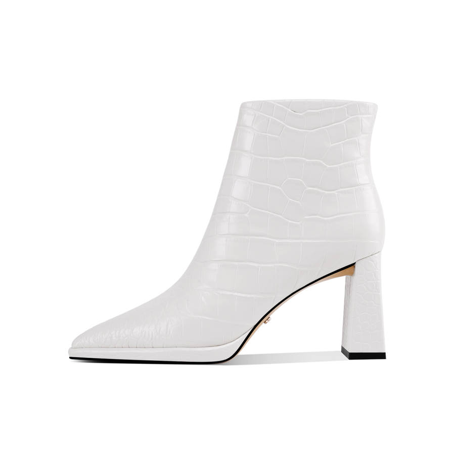 Shesrim Cow Leather Pointed Toe Chunky Heel Vintage Fleece Lined Ankle Boots 8cm Women's