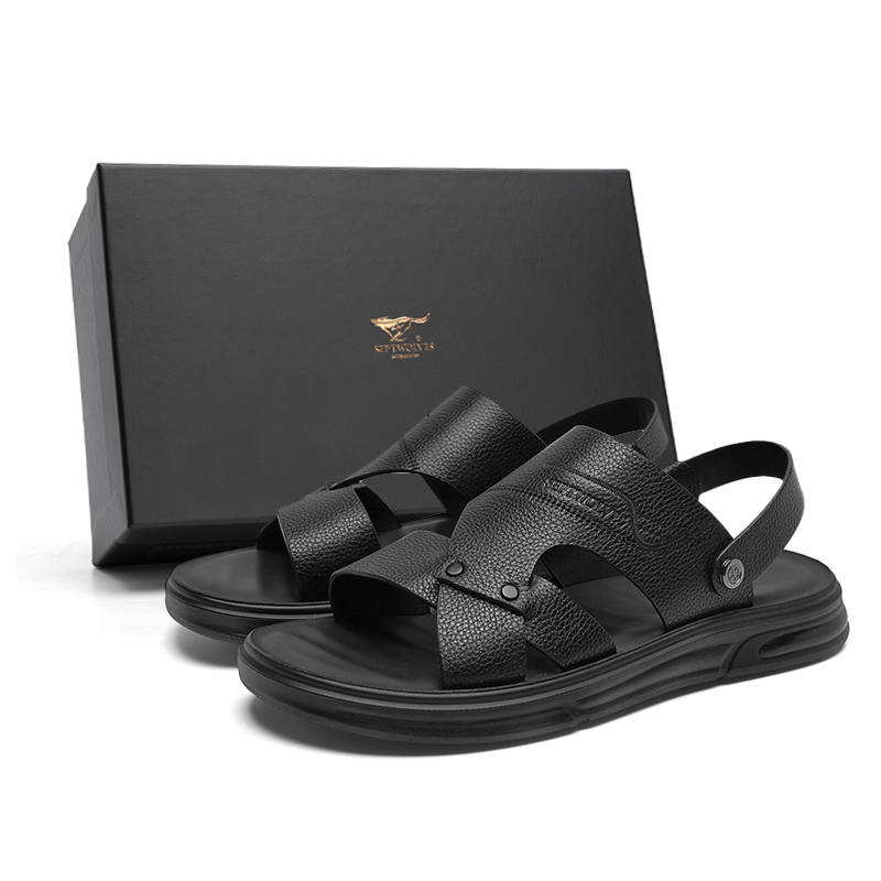 SEPTWOLVES SEPTWOLVES Top Grain Cow Leather Beach Sandals Men's Black