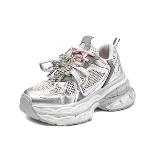CISSTEG Mesh Slip Resistant Abrasion Resistant Slip Resistant Abrasion Resistant Low top Chunky Sneakers Women's Silver