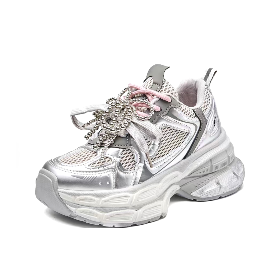 CISSTEG Mesh Slip Resistant Abrasion Resistant Slip Resistant Abrasion Resistant Low top Chunky Sneakers Women's Silver
