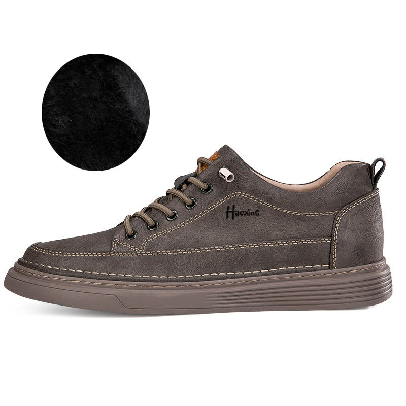 HAOXING Cow Split Leather Fashion Minimalist Versatile Youth Trendy Fleece Lined Thermal Casual Shoes Men's Gray