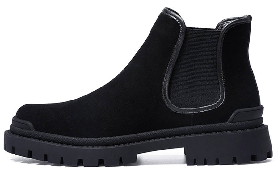 ELLE HOMME Cow Suede, French Luxury Suede Slip Resistant Platform Fleece Lined Crew Chelsea Boots Men's Black