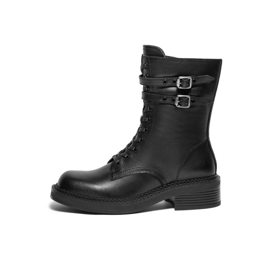 BELLE Top Grain Cow Leather Short Combat Boots 5cm Women's Dark Coffee, Black