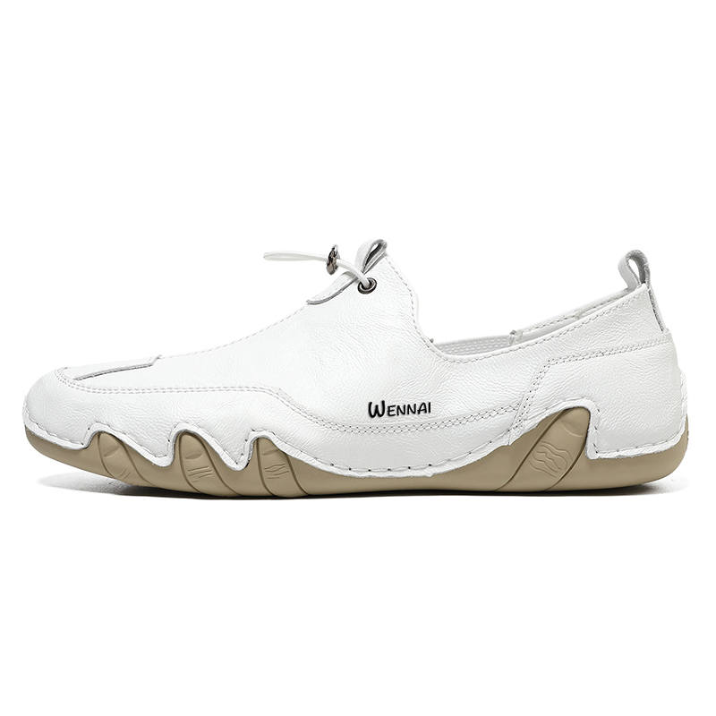 WENNAI Top Grain Cow Leather Men's Casual Shoes Men's White