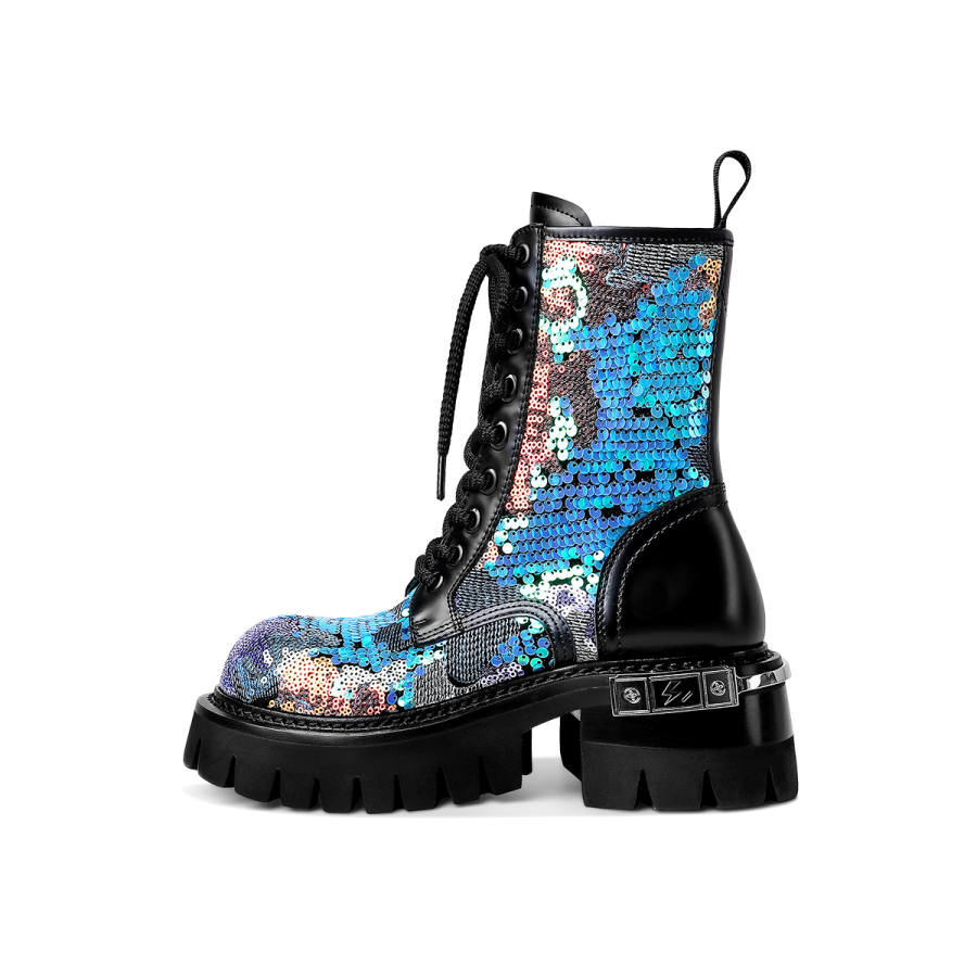 Hoov Short Mid Calf Combat Boots Women's Blue Butterfly Wings