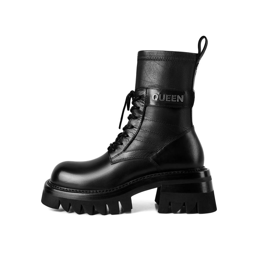 HAOYASENNU Top Grain Cow Leather Short Combat Boots 6cm Women's Black