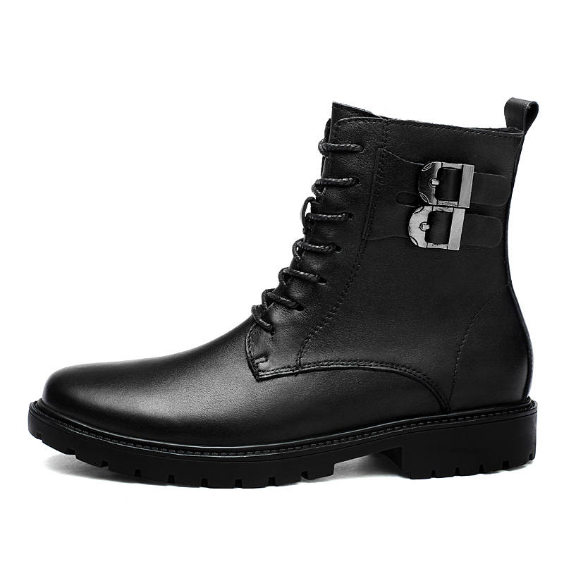 GONGNIULEITING Top Grain Cow Leather Short Combat Boots Men's Black