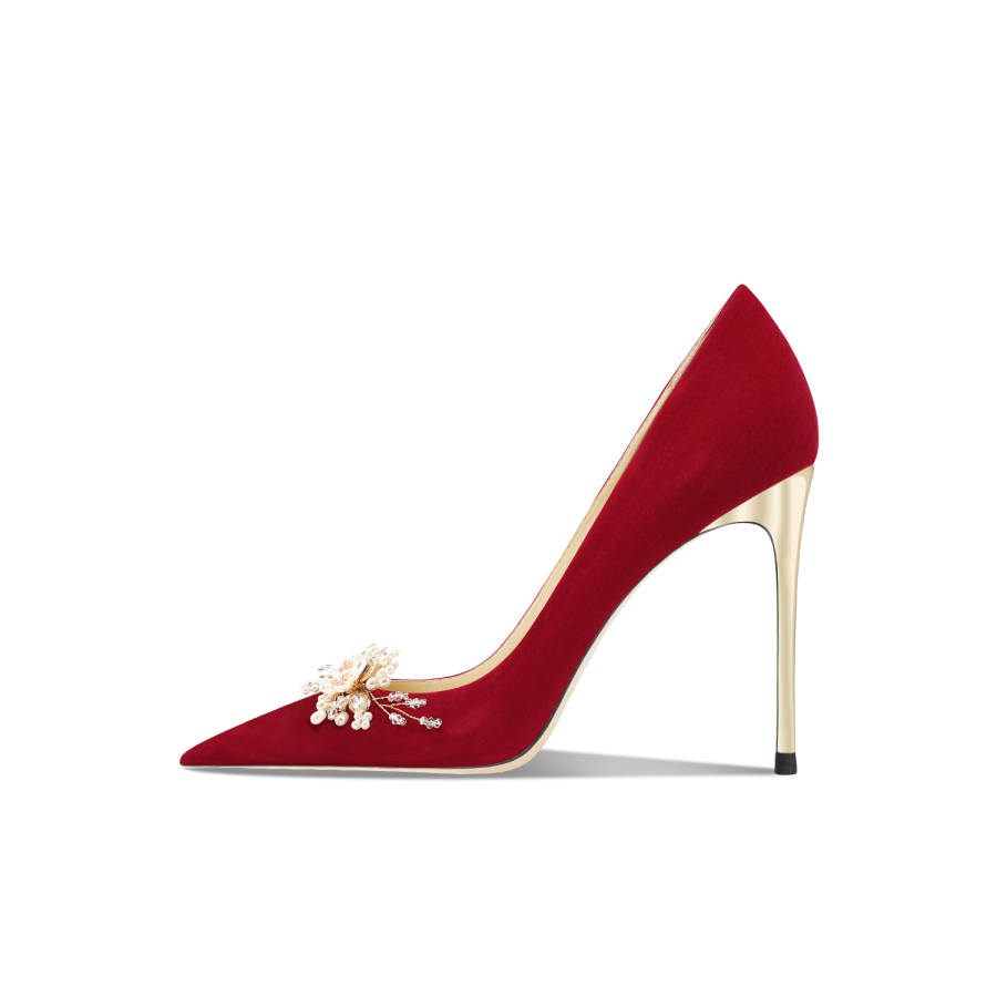 CHUYANG Wedding Shoes Suede Slim Heel High Heels Women's Red