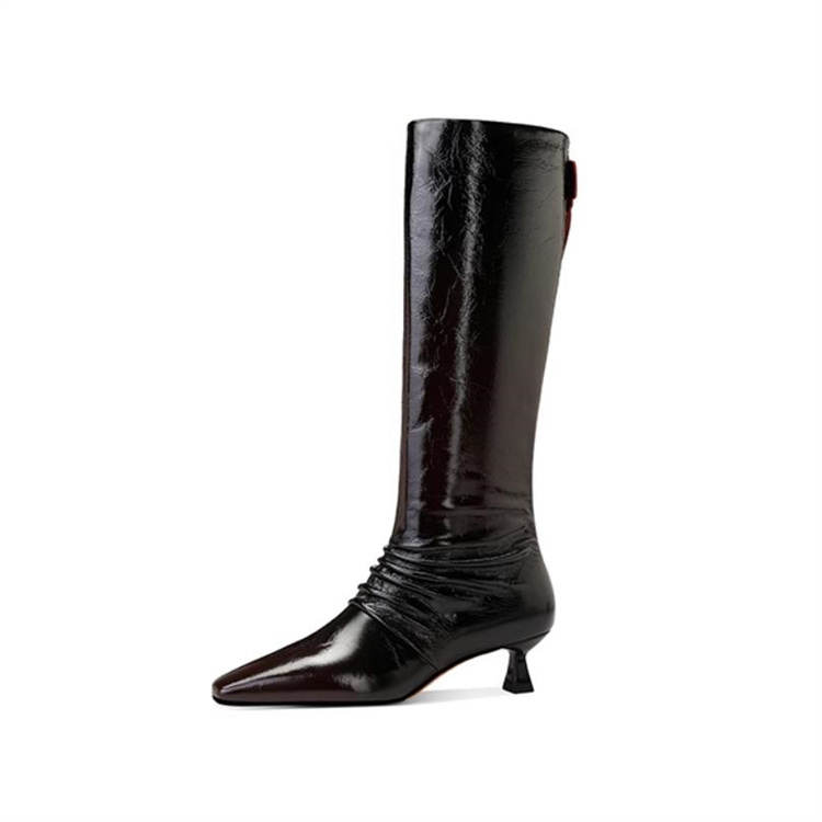 JESSICA SOPHIA Crinkle Slouchy Boots Top Grain Cow Leather Knee high Boots 4cm Women's Ancora Red