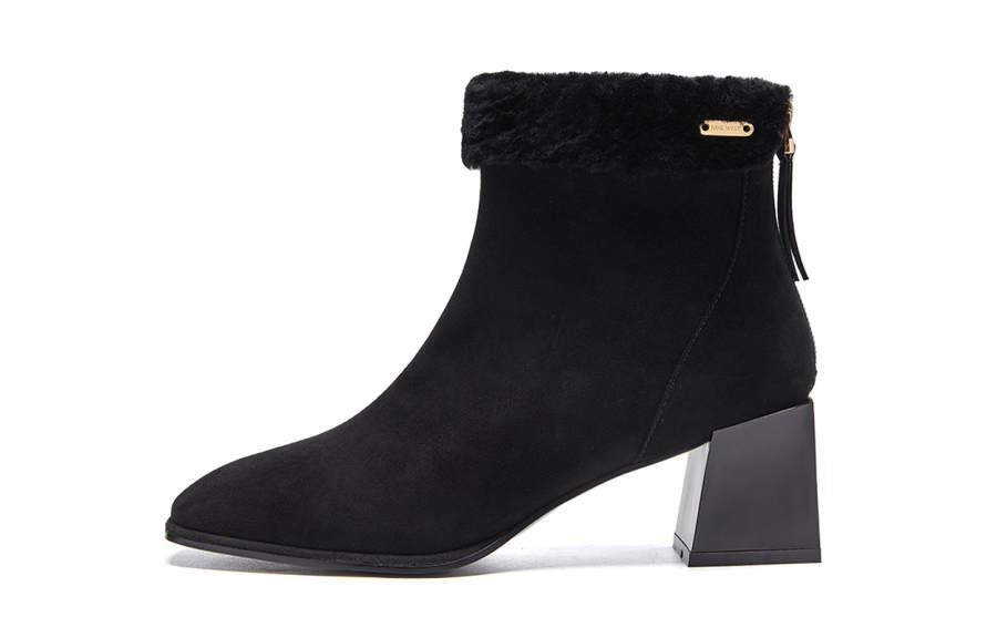 NINE WEST Faux Fur Collar, Stylish And Versatile, Wear Resistant Ankle Boots Women's Black