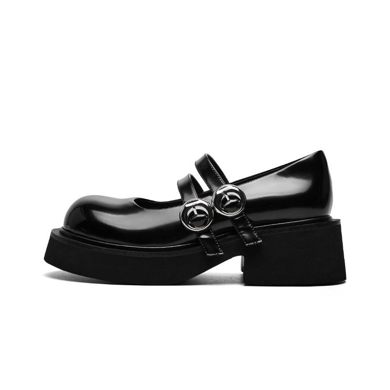 CHERYKALLY Girlish Poetry Cow Leather Chunky Heel Mary Jane Shoes 5.5cm Women's Meteorite Black