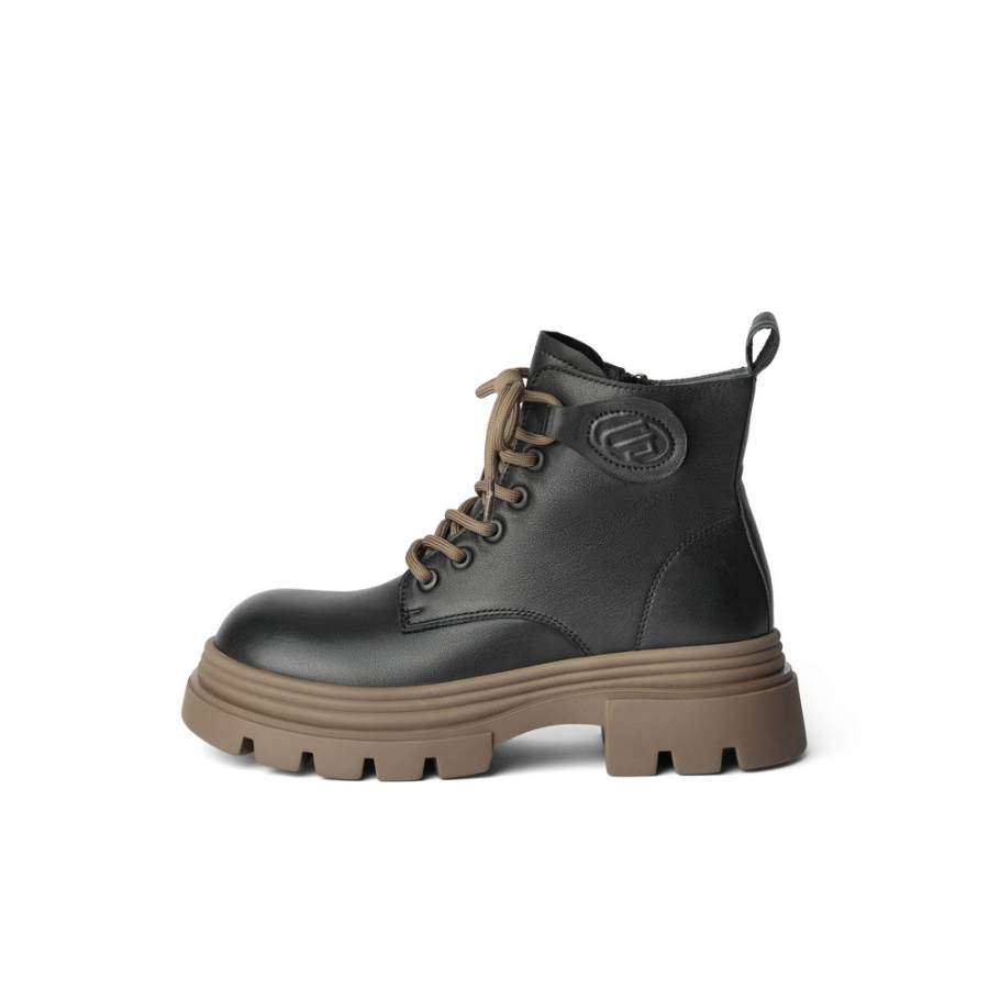 BELLE Top Grain Cow Leather Short Combat Boots 4.5cm Women's Black Beige