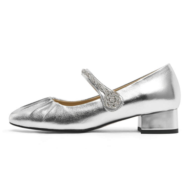 CAMEIDO Synthetic Leather Chunky Heel Mary Jane Shoes 3.5cm Women's Silver
