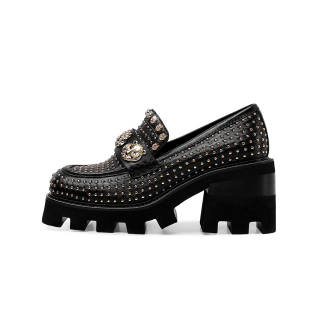 Hoov Sheepskin Chunky Heel High Heels 7.5cm Women's Matte Midnight Black