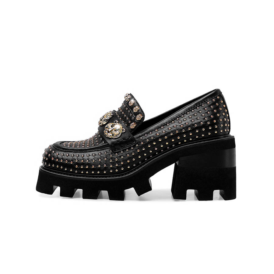 Hoov Sheepskin Chunky Heel High Heels 7.5cm Women's Matte Midnight Black